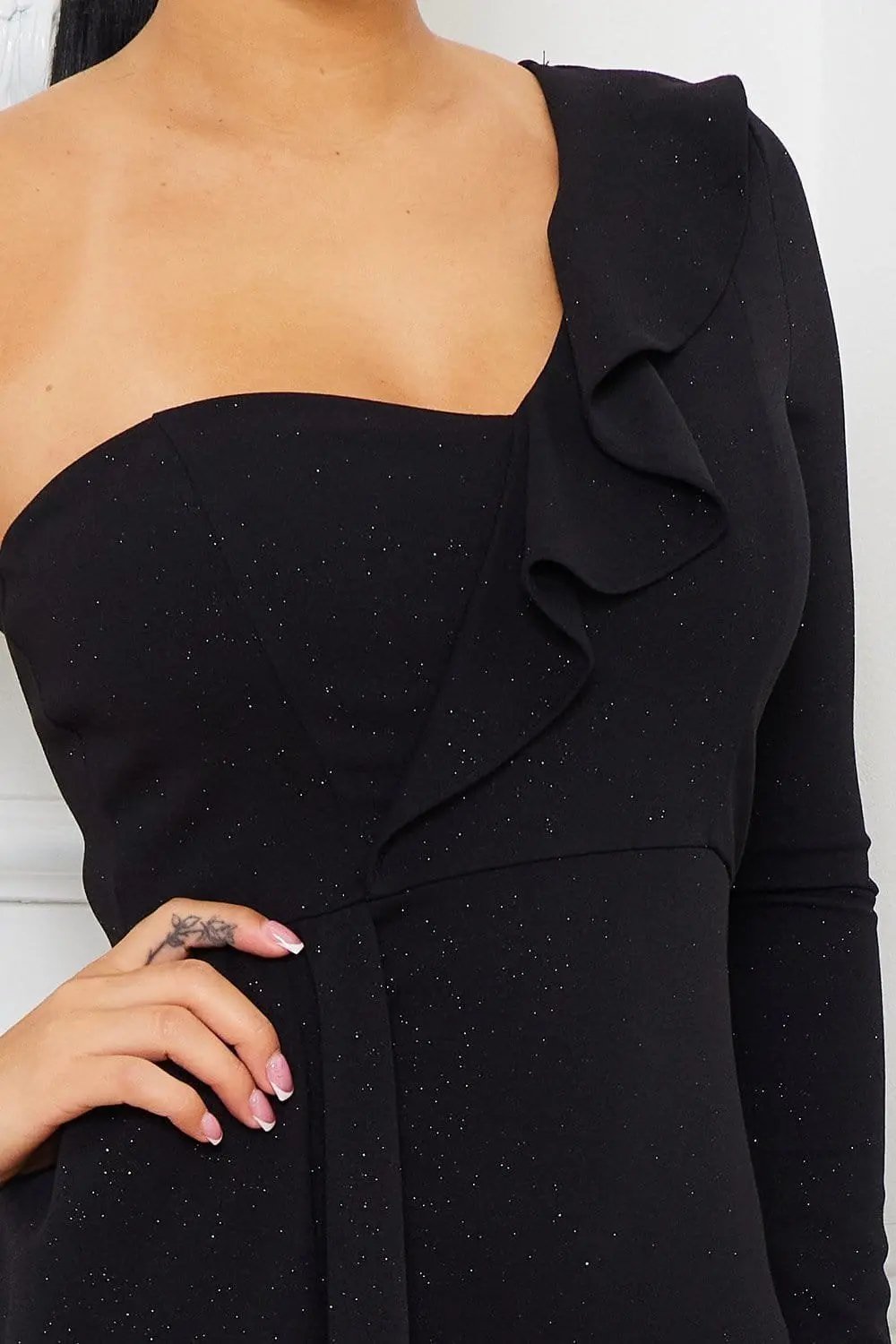 Glitter One Shoulder Dress - Maxi With Ruffle Front & Slit BOUTINIE