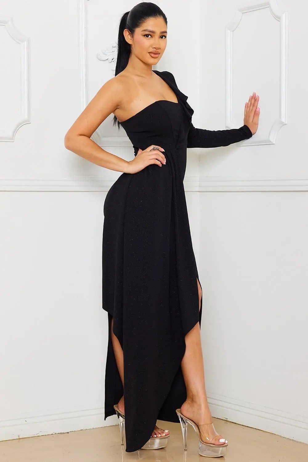 Glitter One Shoulder Dress - Maxi With Ruffle Front & Slit BOUTINIE