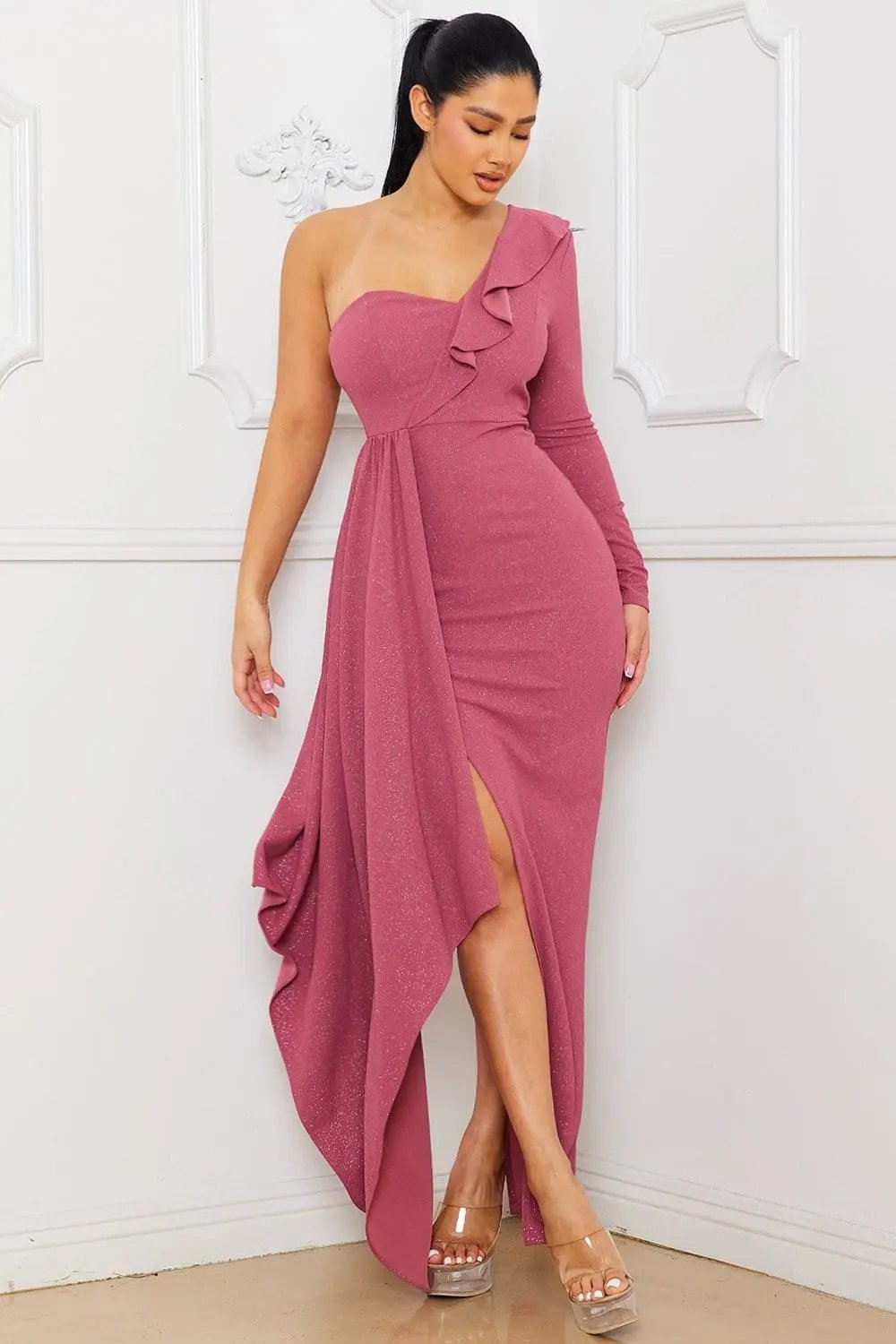 Glitter One Shoulder Dress - Maxi With Ruffle Front & Slit BOUTINIE
