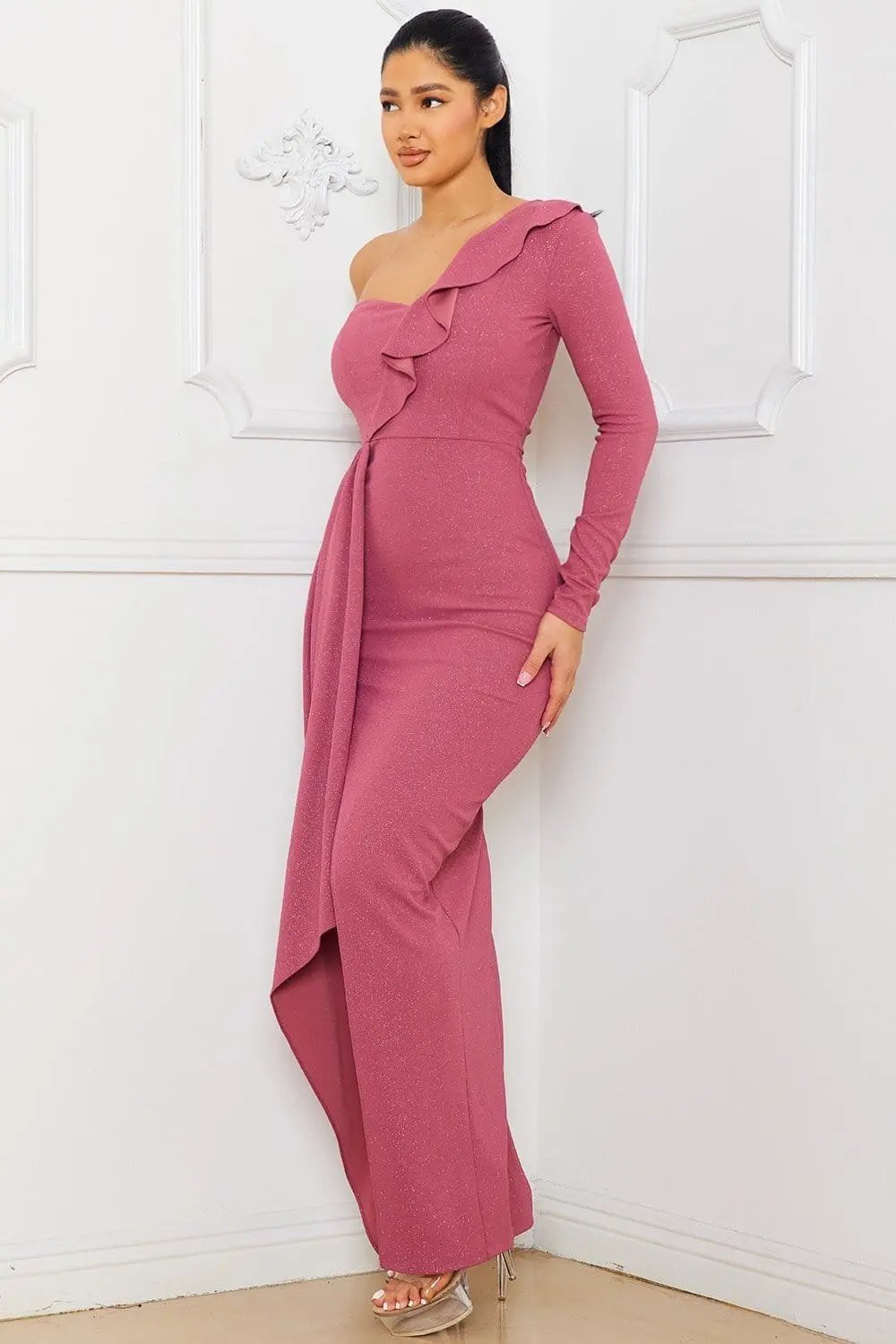Glitter One Shoulder Dress - Maxi With Ruffle Front & Slit BOUTINIE