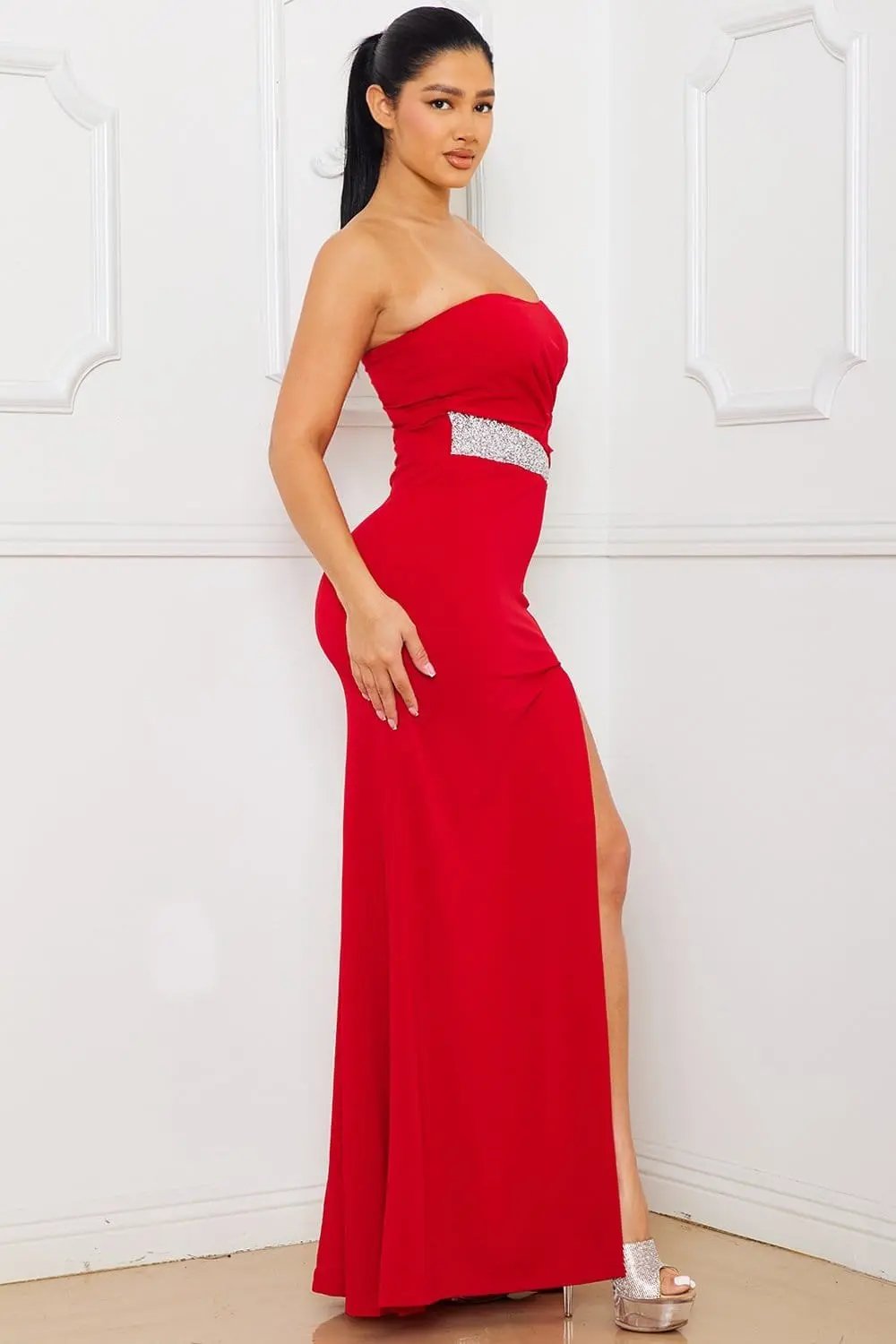 Rhinestone Maxi Dress – Pleated Tube Top Gown With Waist Detail BOUTINIE