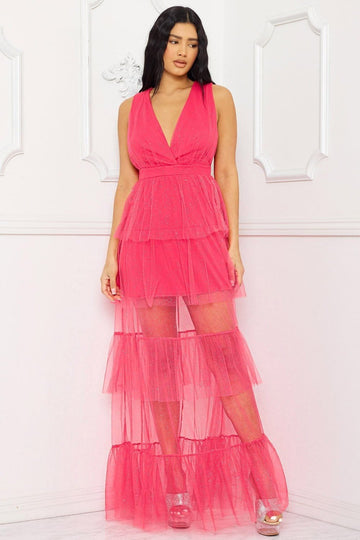 Mesh Ruffle Maxi Dress - Formal Multi Layer Evening Gown BOUTINIE