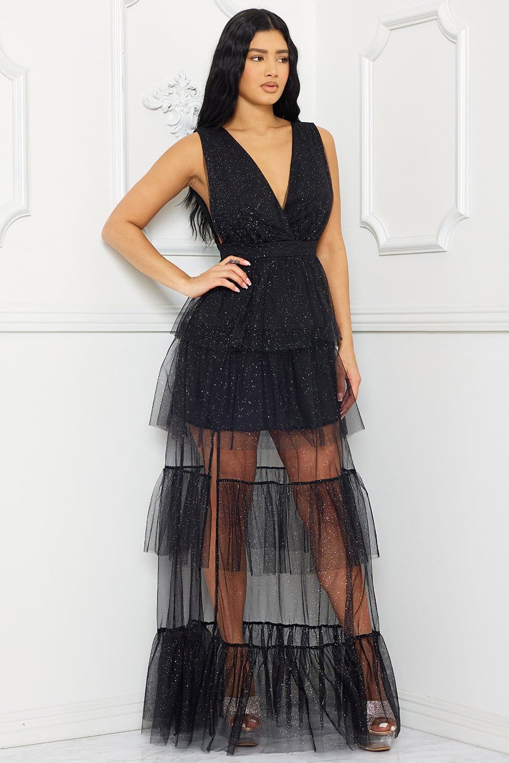 Mesh Ruffle Maxi Dress - Formal Multi Layer Evening Gown BOUTINIE