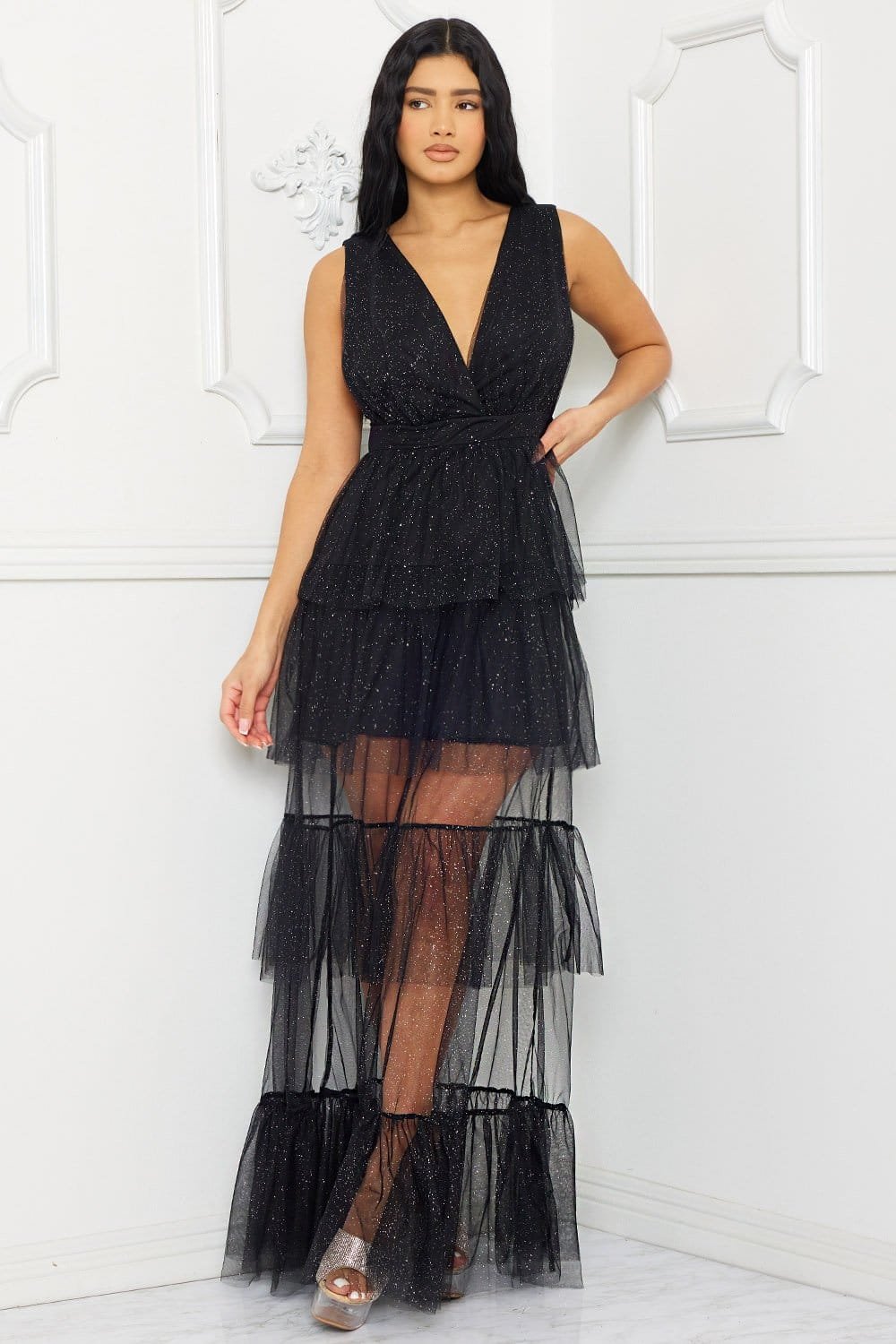 Mesh Ruffle Maxi Dress - Formal Multi Layer Evening Gown BOUTINIE