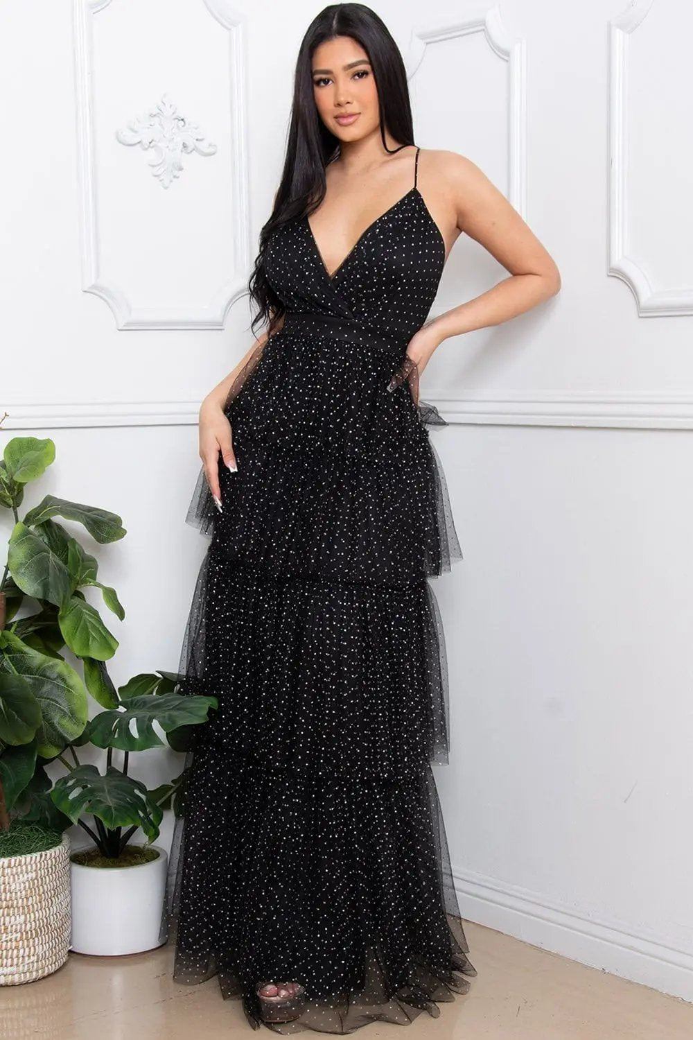 Glitter Mesh Maxi Dress – Layered Criss Cross Back Gown BOUTINIE