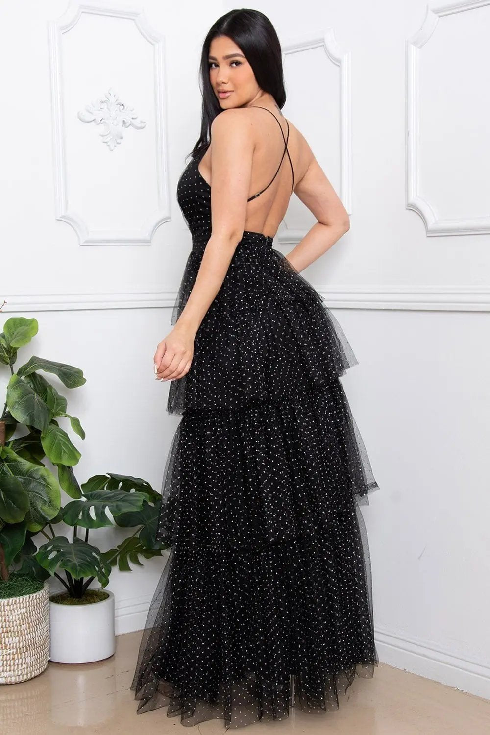 Glitter Mesh Maxi Dress – Layered Criss Cross Back Gown BOUTINIE