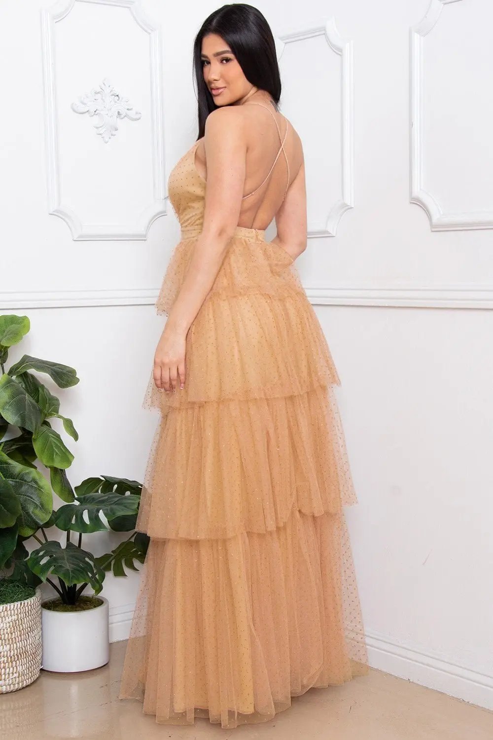 Glitter Mesh Maxi Dress – Layered Criss Cross Back Gown BOUTINIE