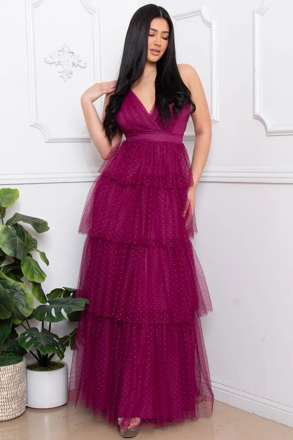 Glitter Mesh Maxi Dress – Layered Criss Cross Back Gown BOUTINIE