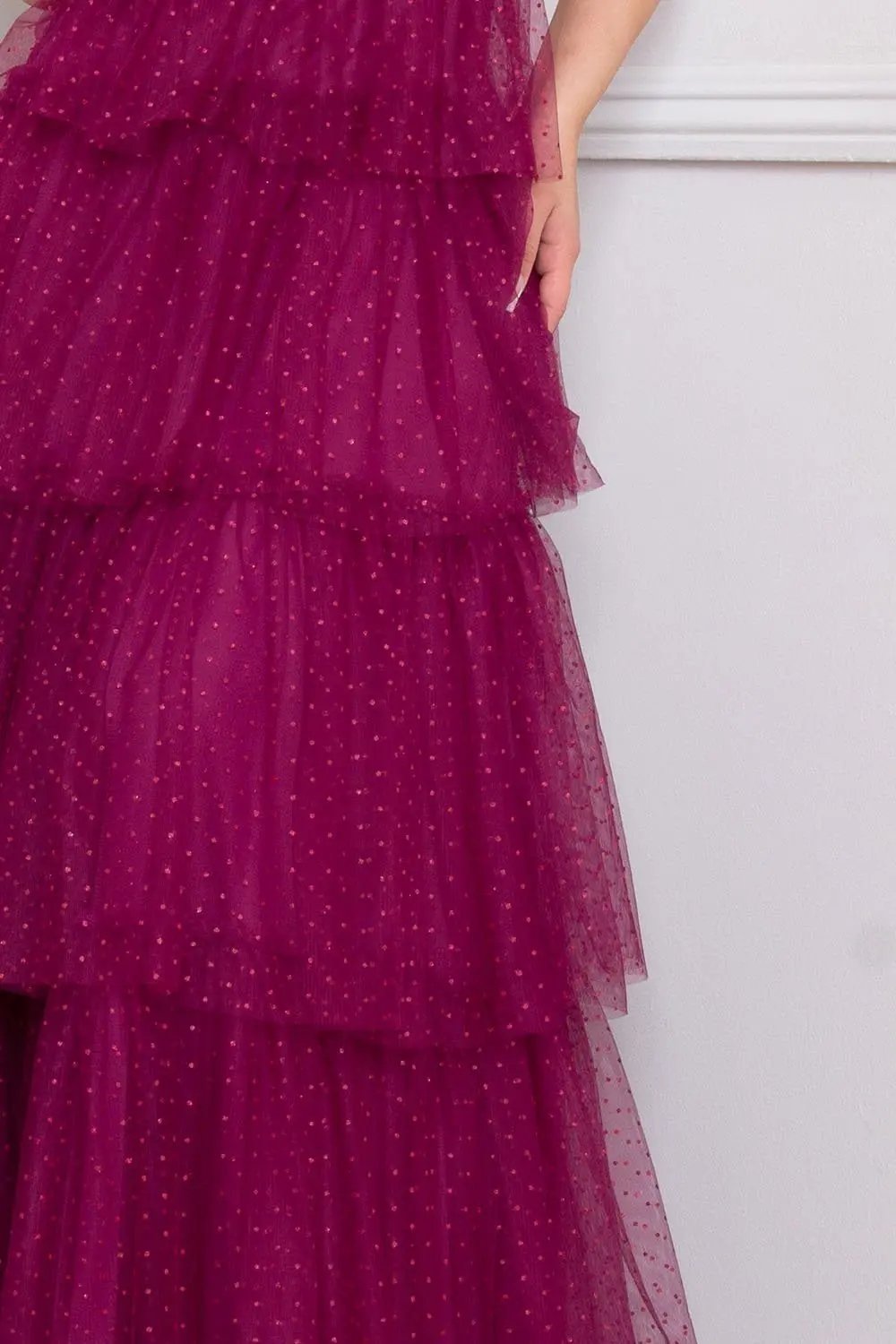 Glitter Mesh Maxi Dress – Layered Criss Cross Back Gown BOUTINIE