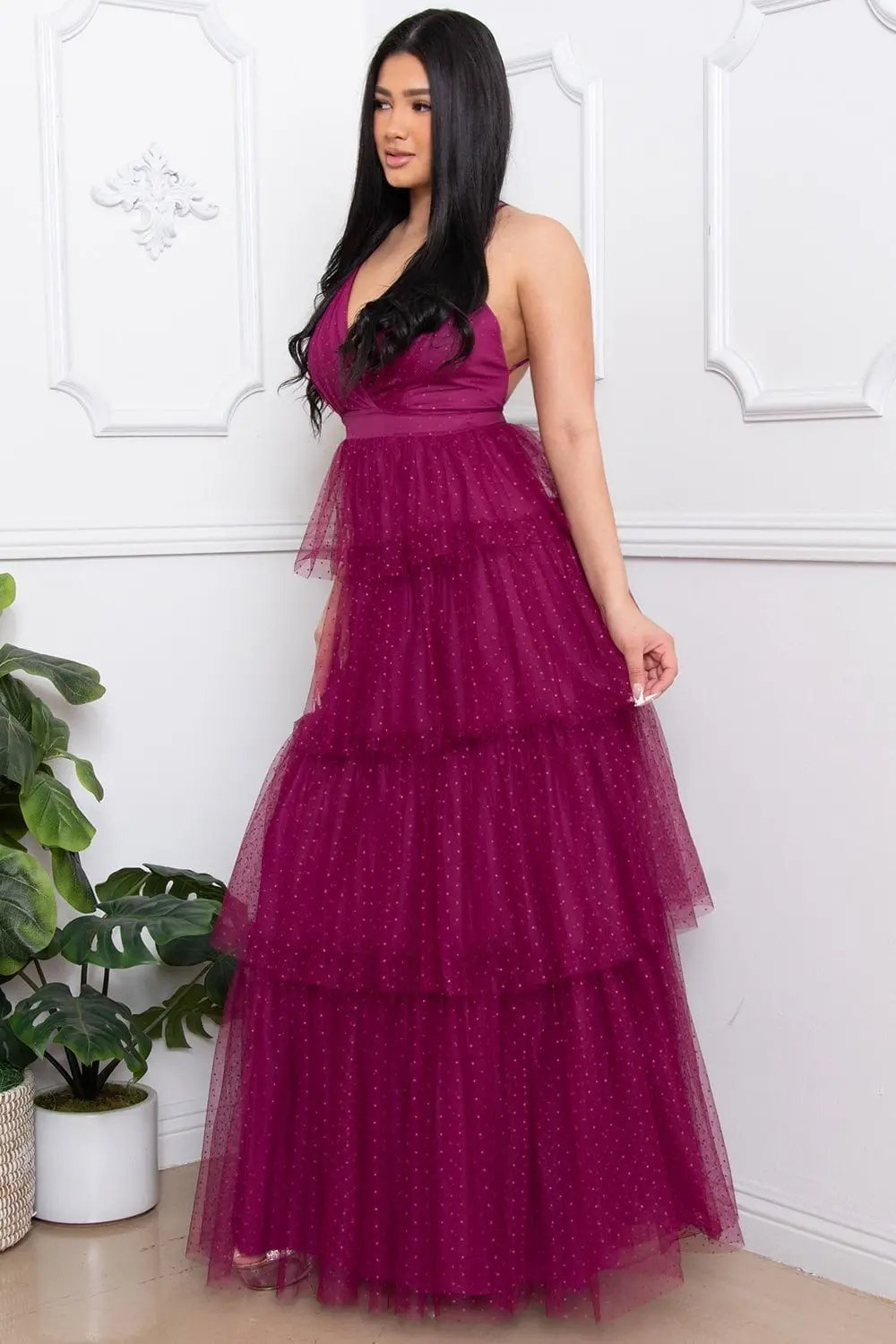 Glitter Mesh Maxi Dress – Layered Criss Cross Back Gown BOUTINIE