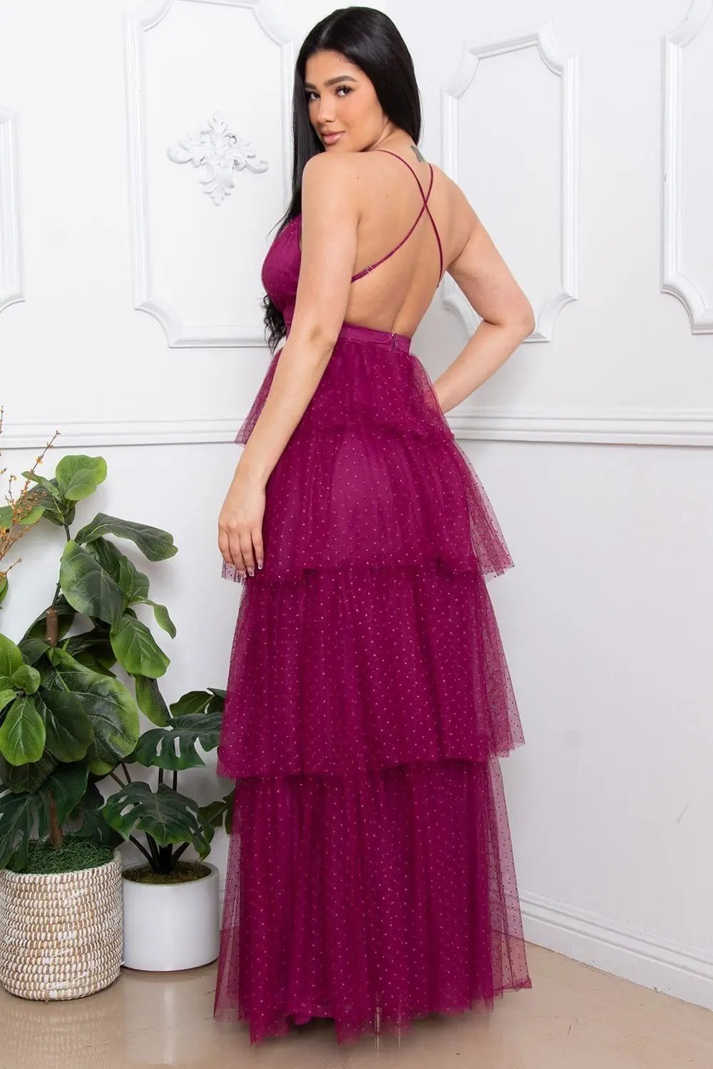 Glitter Mesh Maxi Dress – Layered Criss Cross Back Gown BOUTINIE