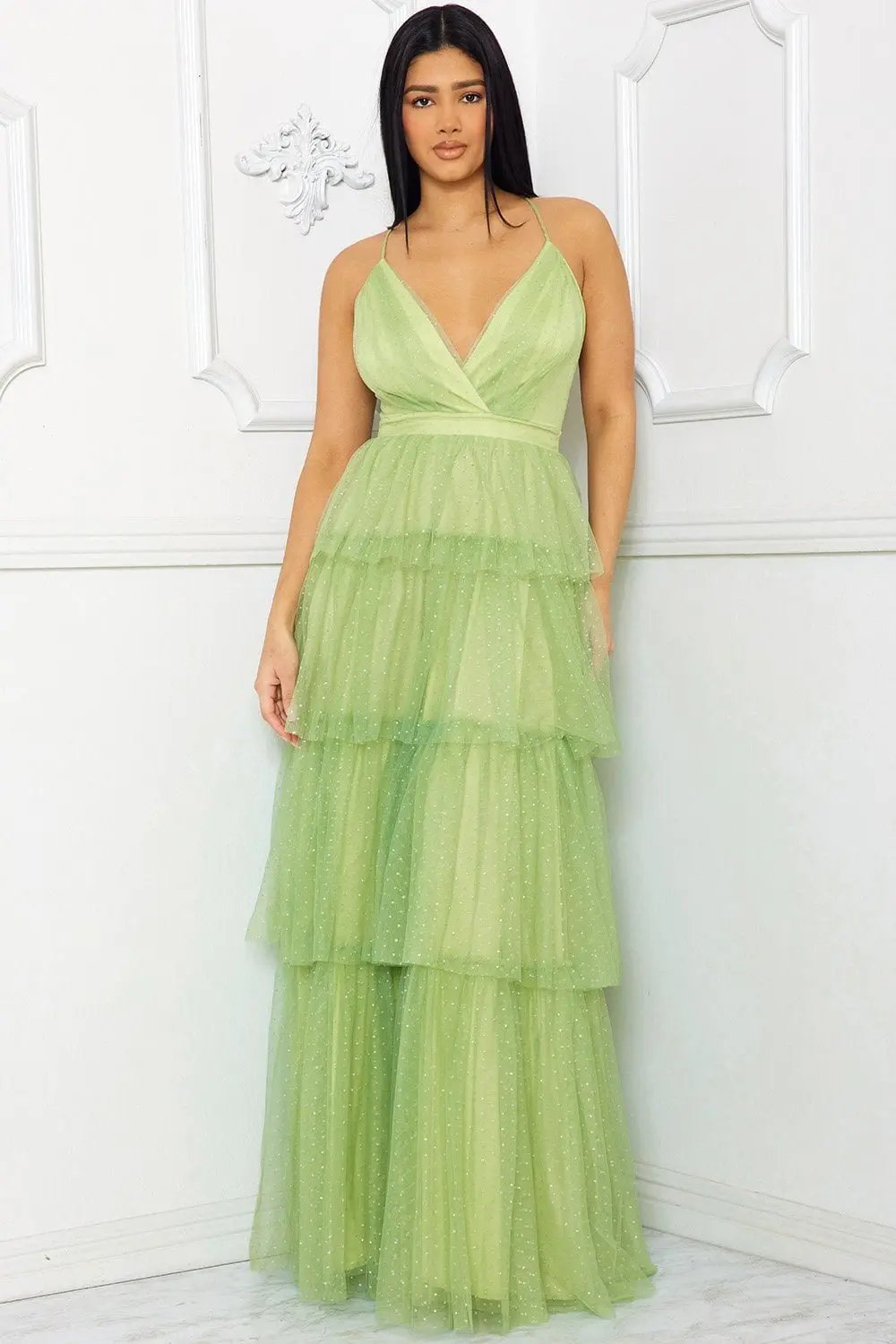 Glitter Mesh Maxi Dress – Layered Criss Cross Back Gown BOUTINIE