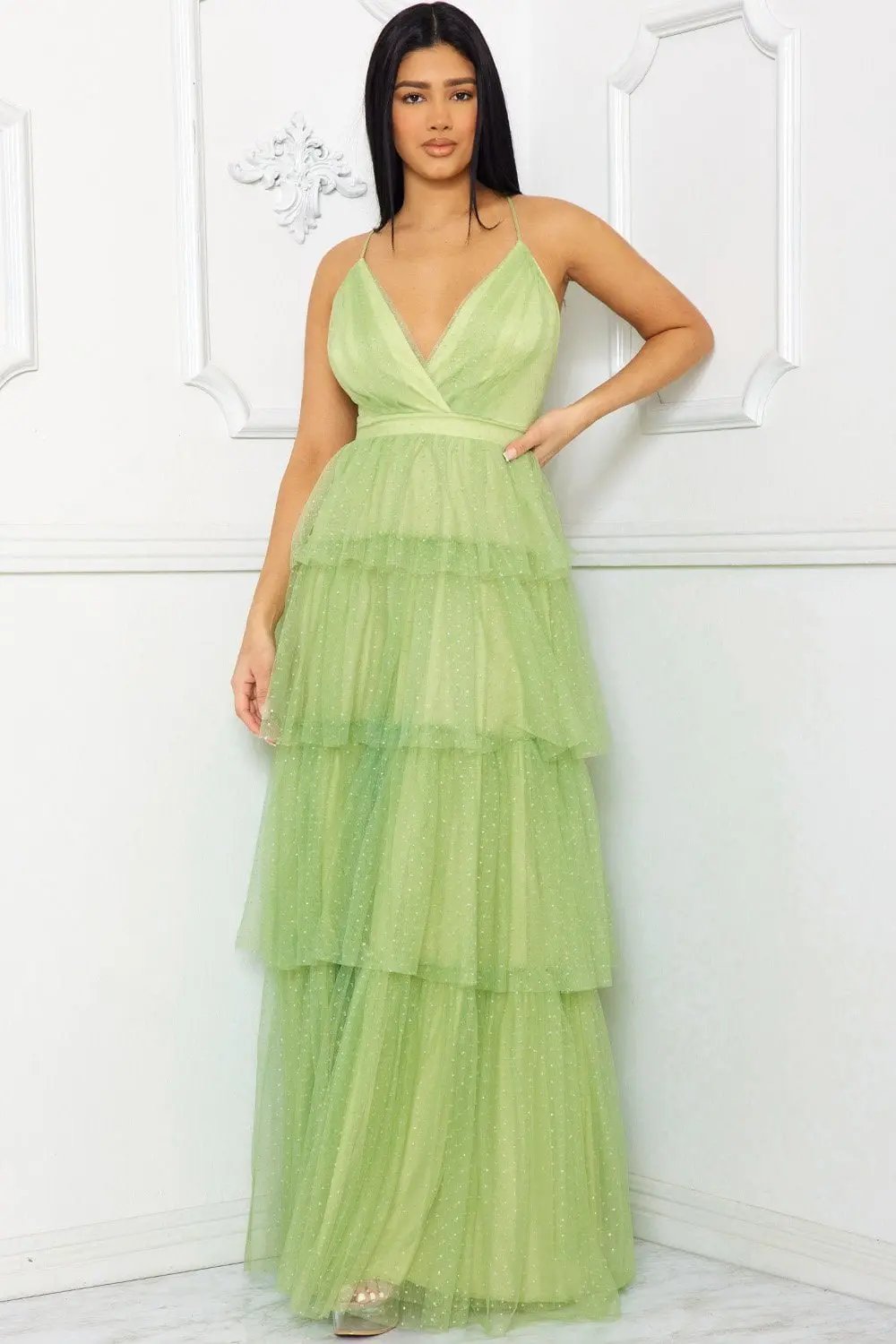 Glitter Mesh Maxi Dress – Layered Criss Cross Back Gown BOUTINIE