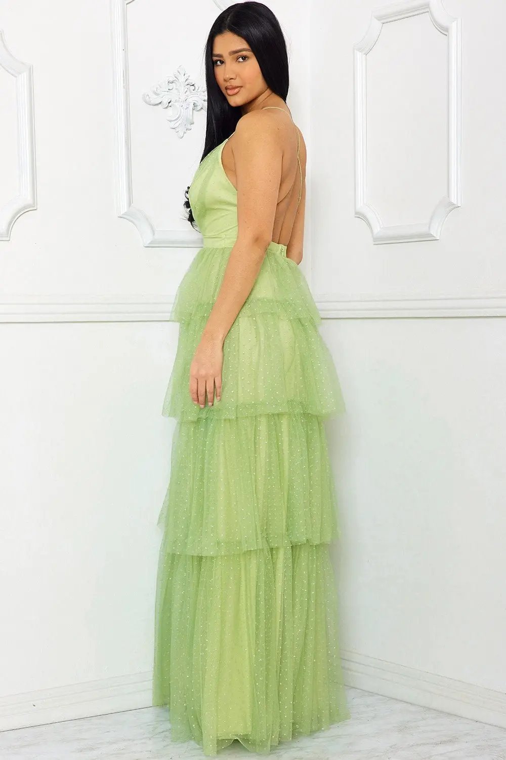 Glitter Mesh Maxi Dress – Layered Criss Cross Back Gown BOUTINIE