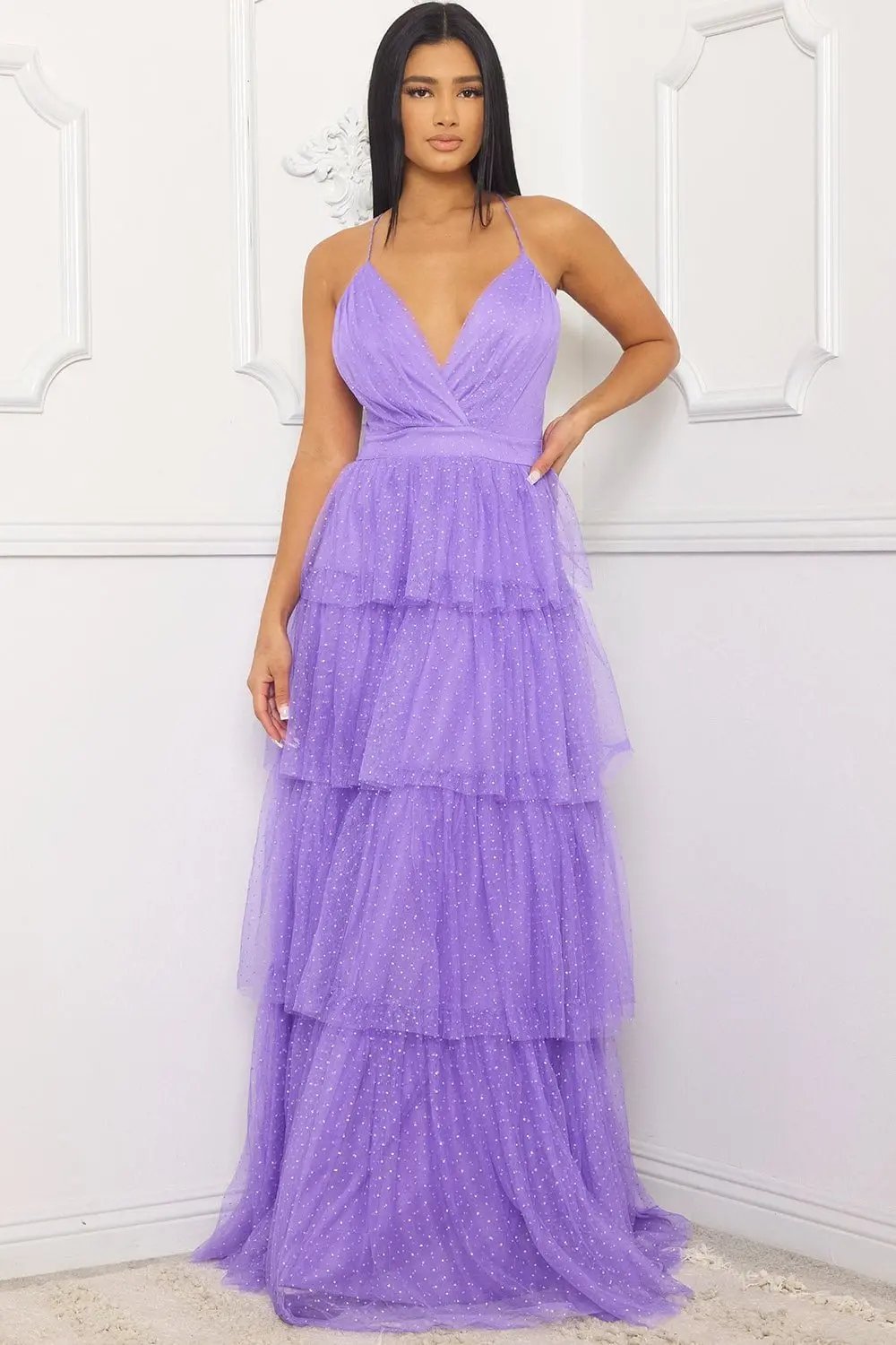 Glitter Mesh Maxi Dress – Layered Criss Cross Back Gown BOUTINIE