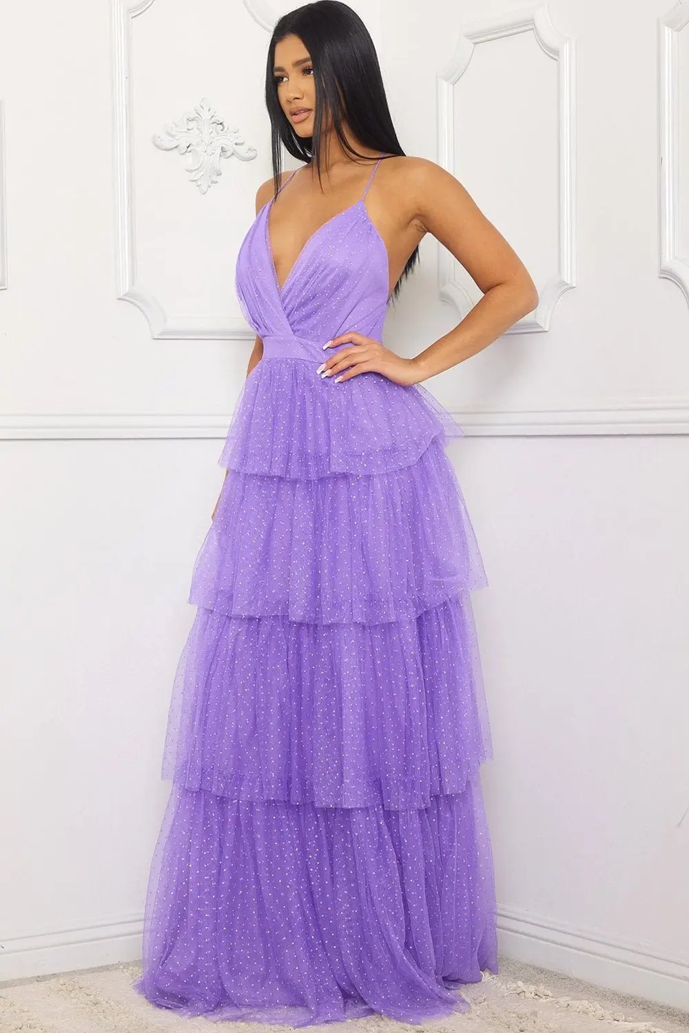 Glitter Mesh Maxi Dress – Layered Criss Cross Back Gown BOUTINIE