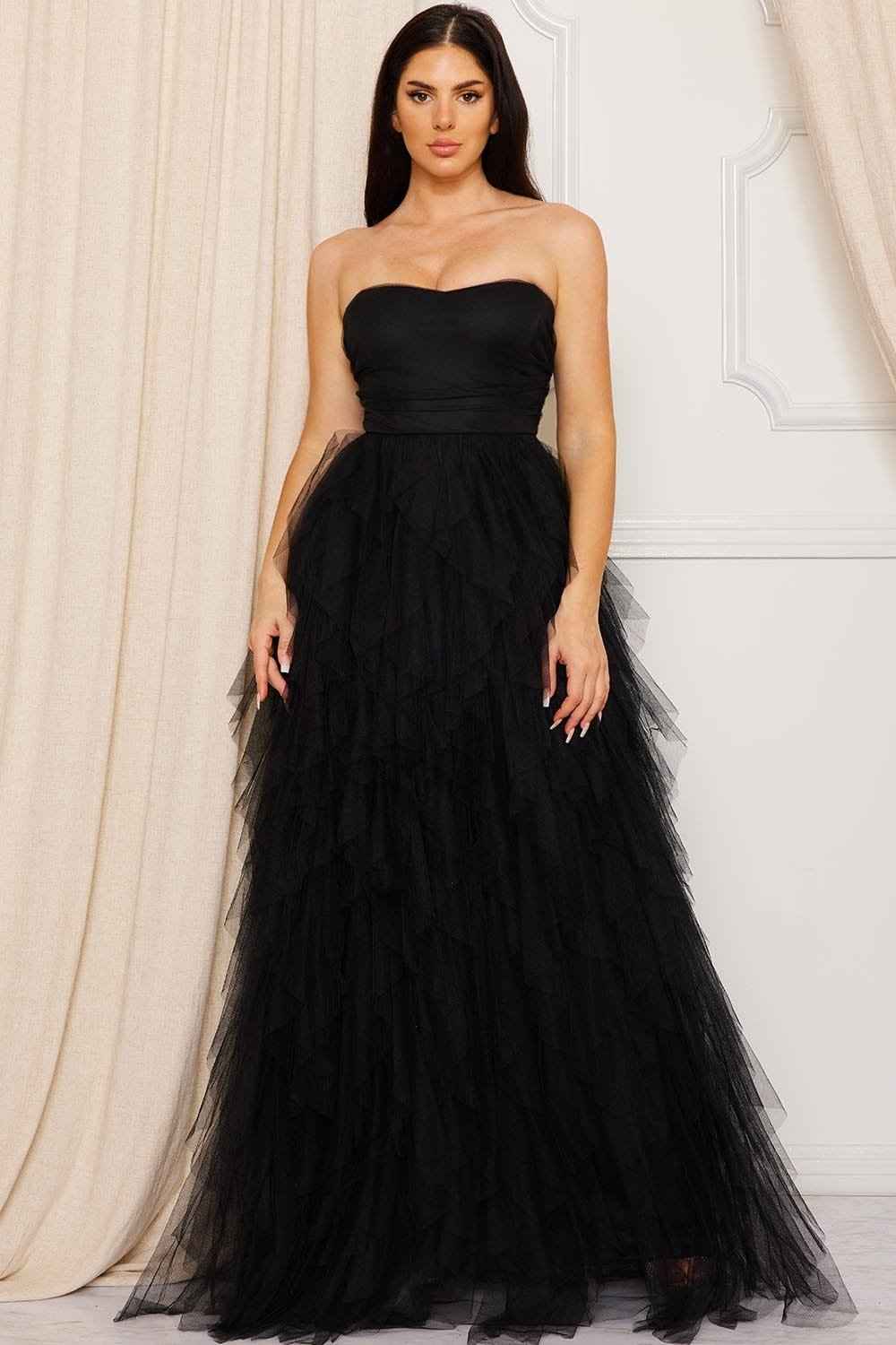 Ruffled Tier Tulle Tube Top Maxi Dress