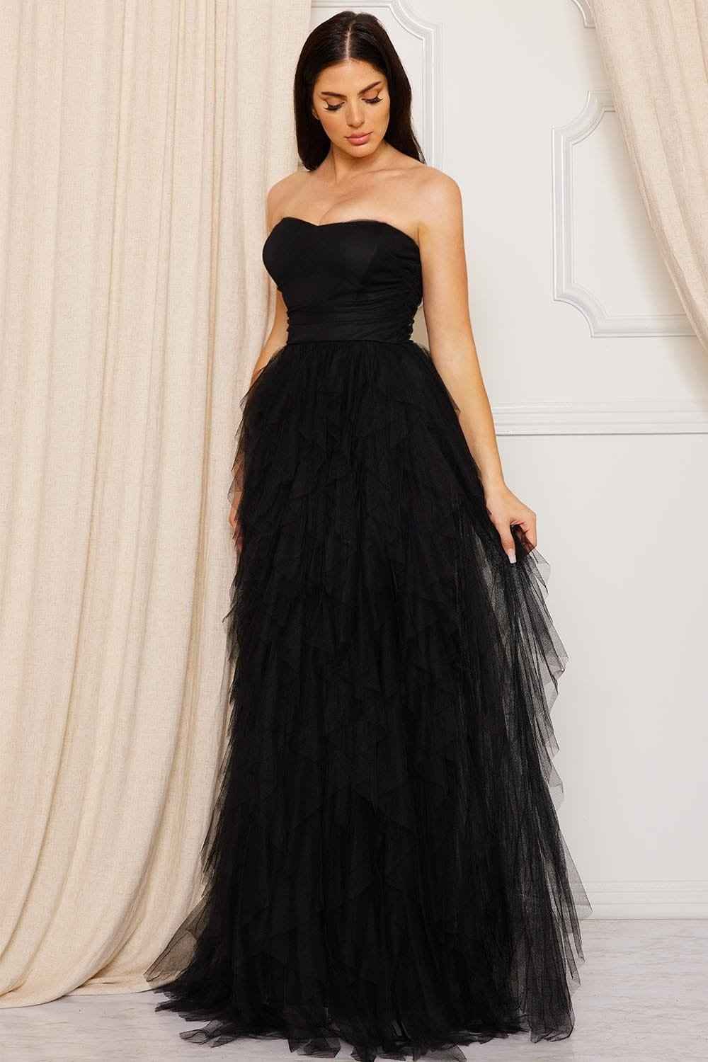 Ruffled Tier Tulle Tube Top Maxi Dress
