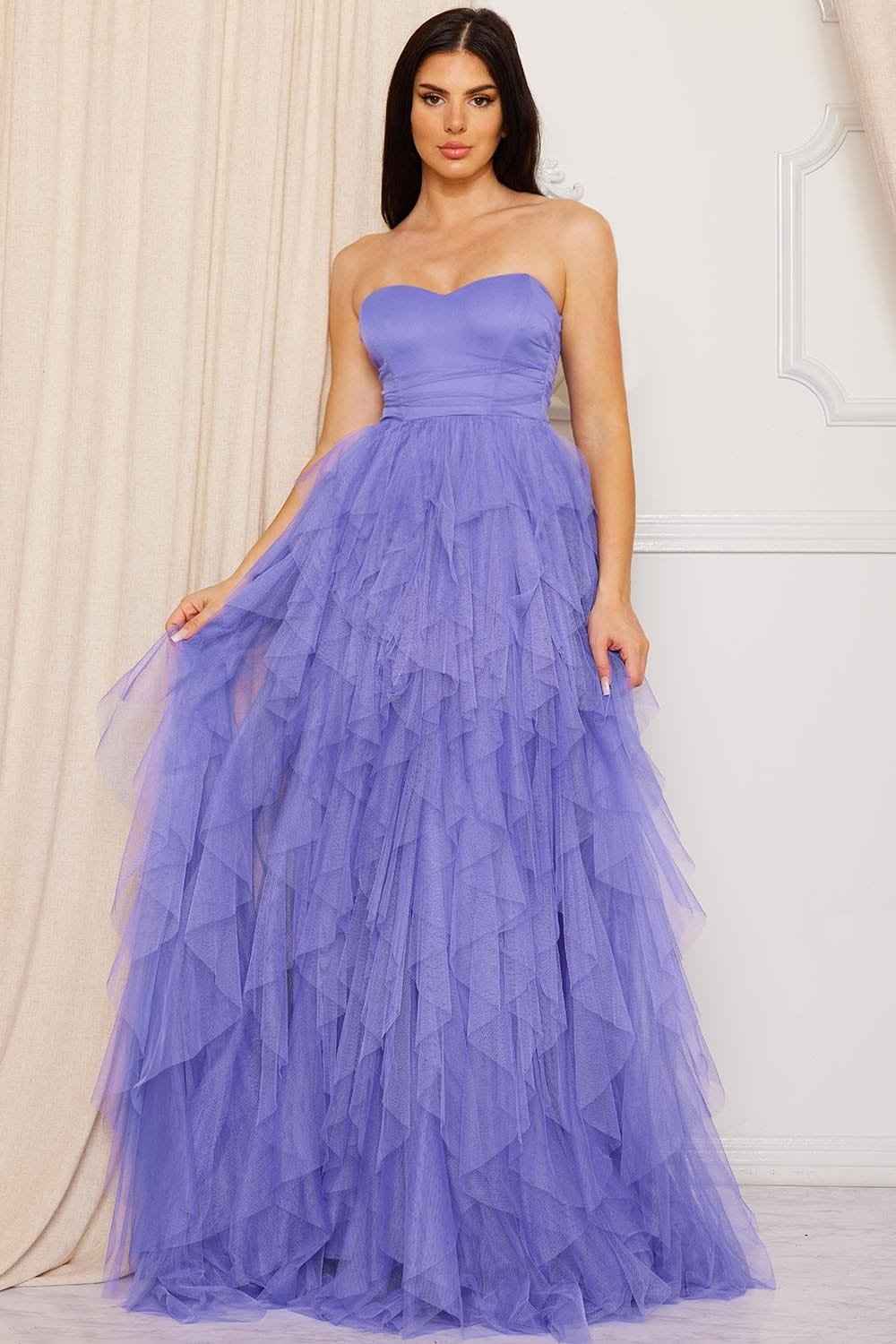 Ruffled Tier Tulle Tube Top Maxi Dress