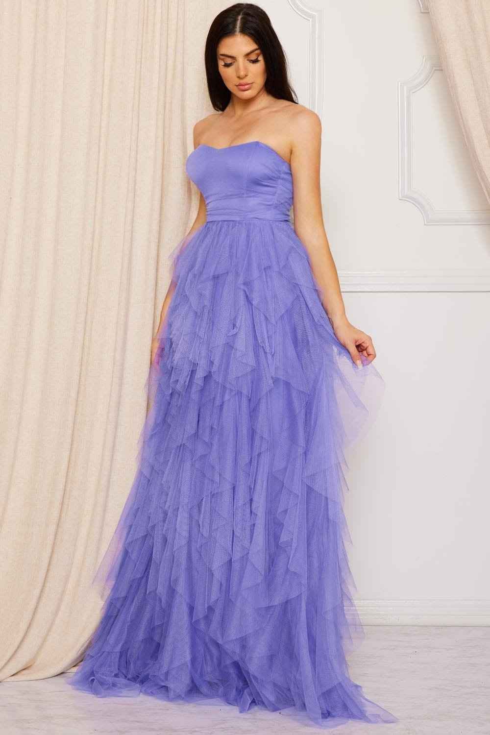 Ruffled Tier Tulle Tube Top Maxi Dress