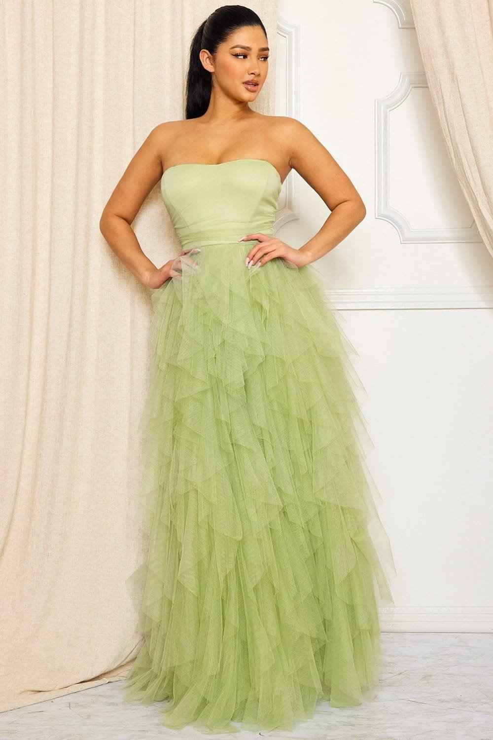 Ruffled Tier Tulle Tube Top Maxi Dress