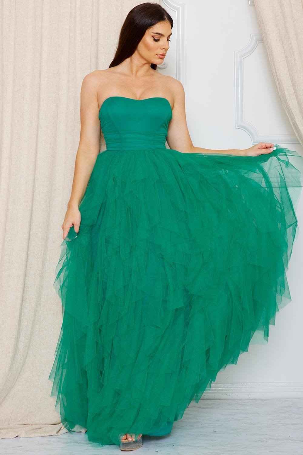 Ruffled Tier Tulle Tube Top Maxi Dress