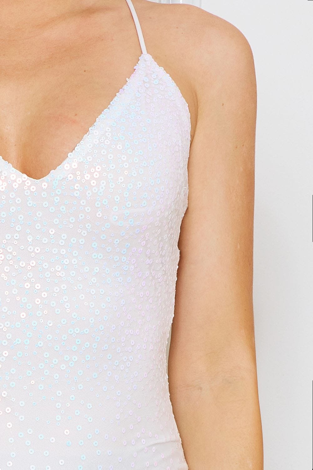 Sequin Mesh Maxi Dress | Adjustable Strap Ruched Bottom BOUTINIE