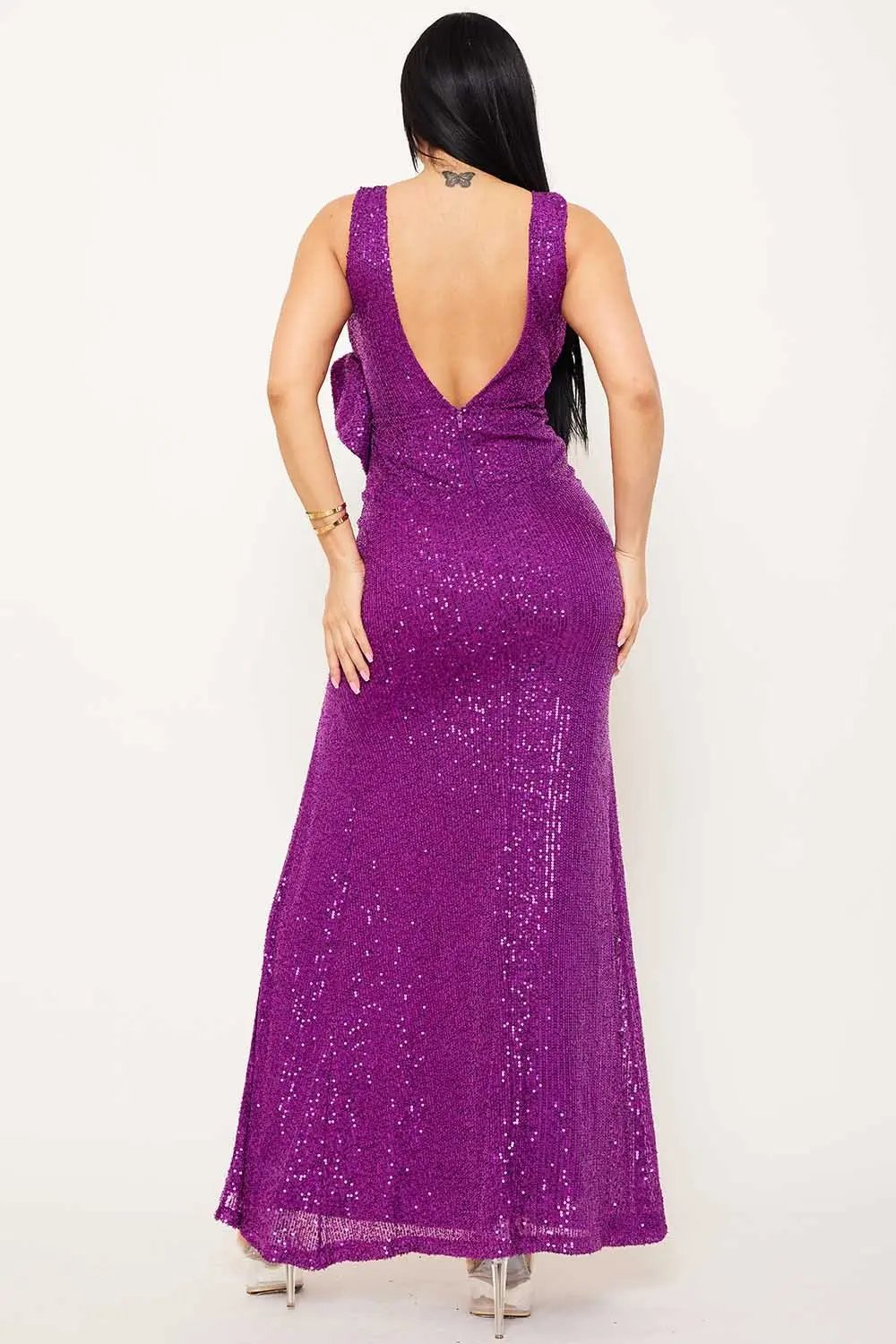 Sequin Ruffle Maxi Dress – Plunging V-Neck Evening Gown With Side Slit BOUTINIE
