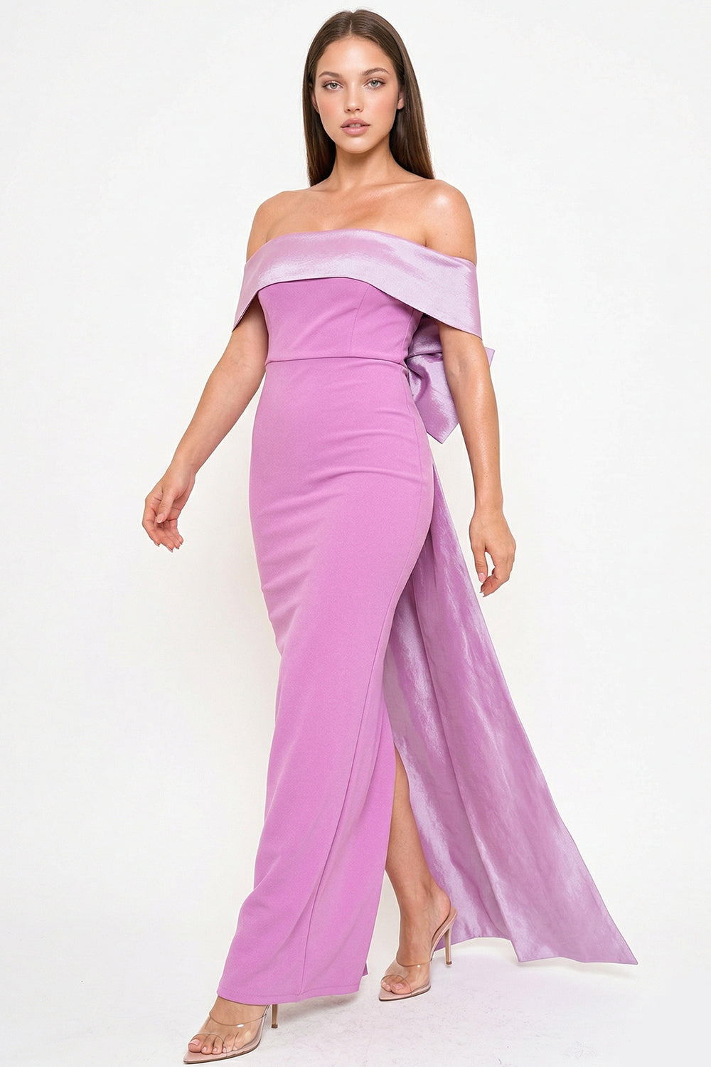 Lavender off-shoulder formal maxi dress with satin trim and side train, perfect for weddings or special occasions.