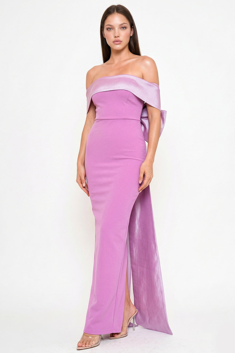 Lavender off-the-shoulder evening gown with metallic satin trim and a high-leg slit from Boutinie.