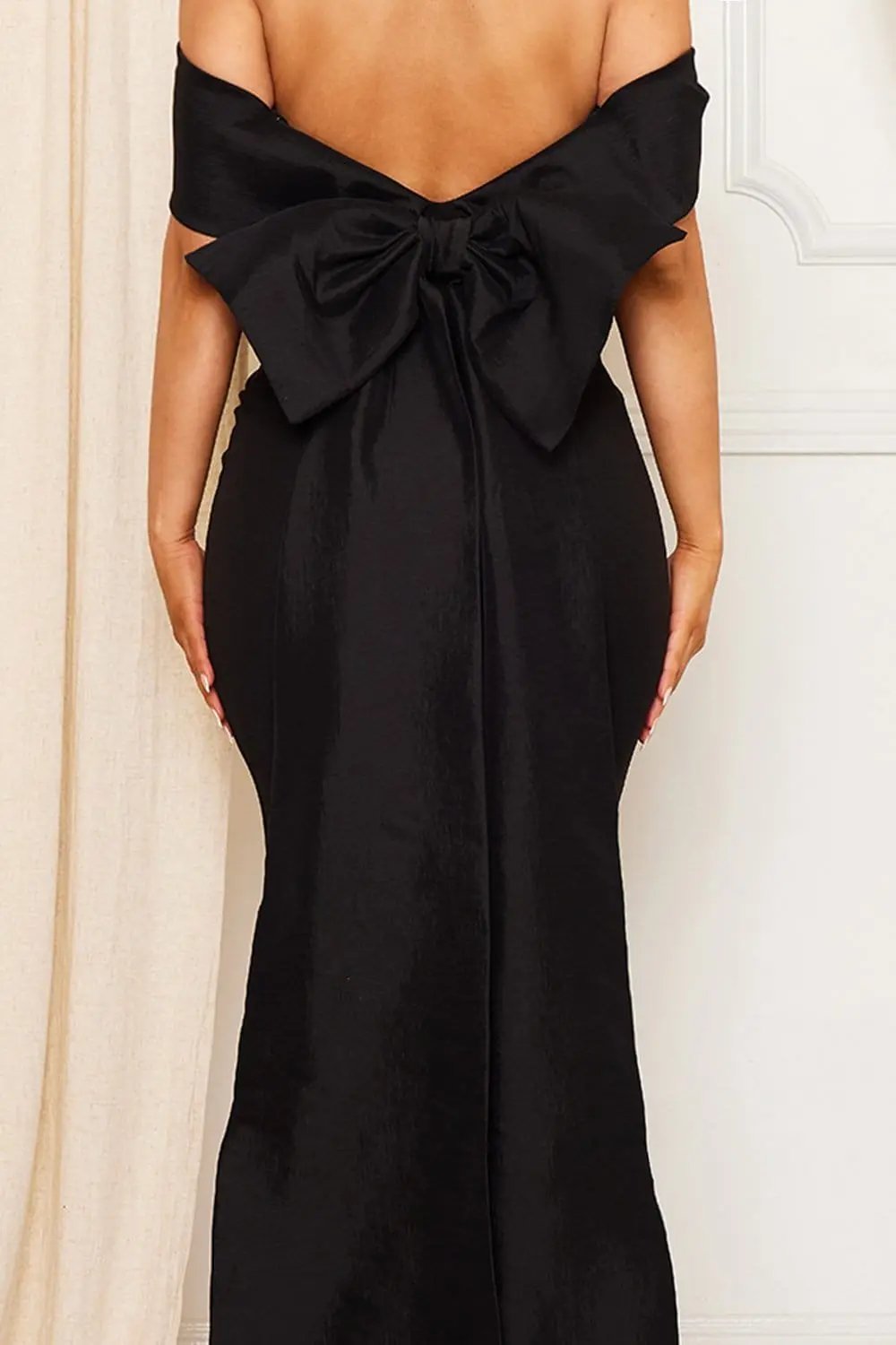 Off Shoulder Maxi Dress – Satin Top With Ribbon Back & Slit Hem BOUTINIE