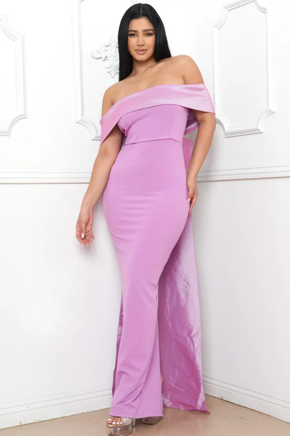 Off Shoulder Maxi Dress – Satin Top With Ribbon Back & Slit Hem BOUTINIE