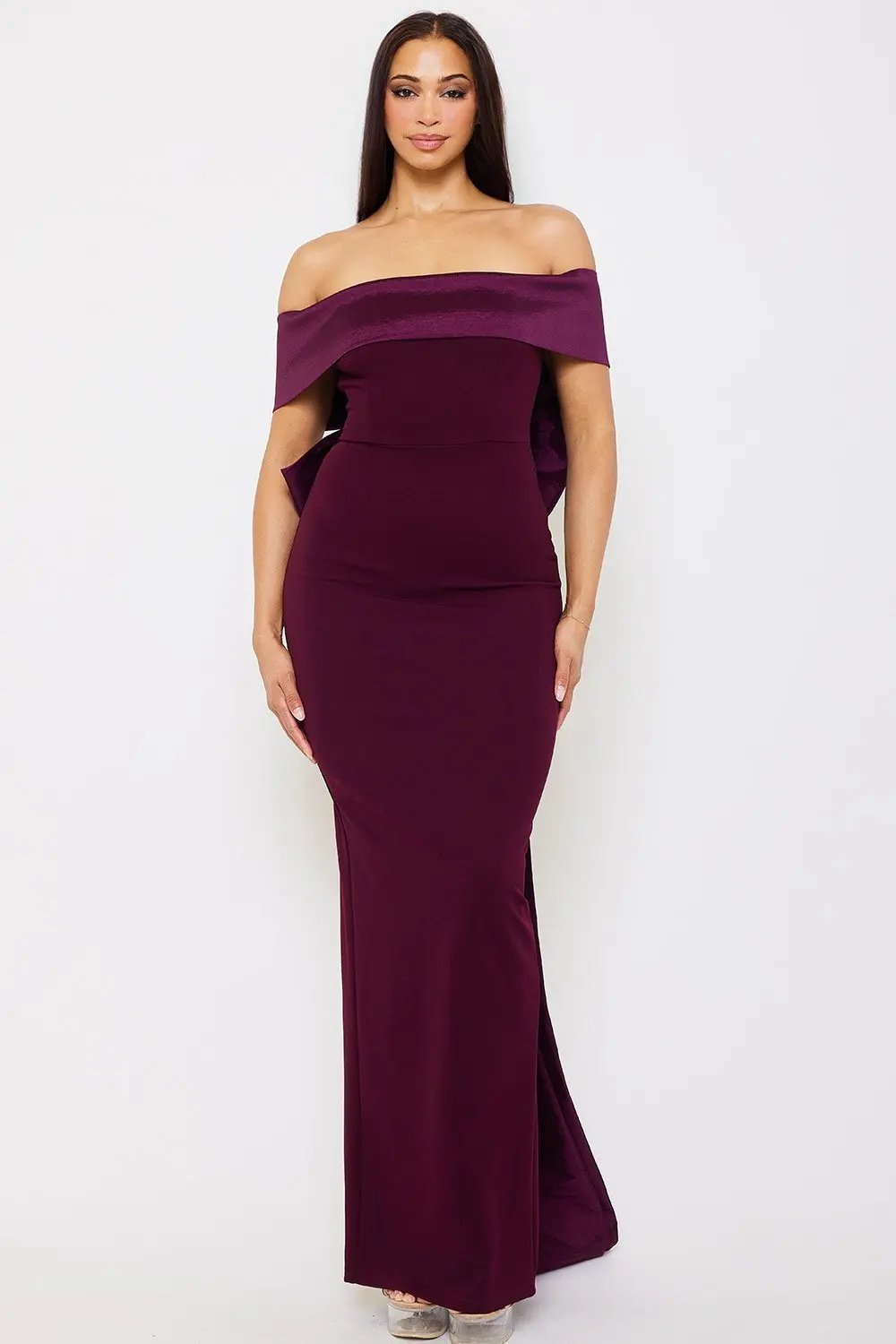 Off Shoulder Maxi Dress – Satin Top With Ribbon Back & Slit Hem BOUTINIE