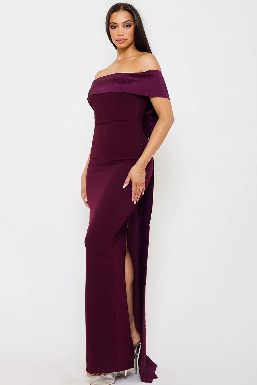 Off Shoulder Maxi Dress – Satin Top With Ribbon Back & Slit Hem BOUTINIE
