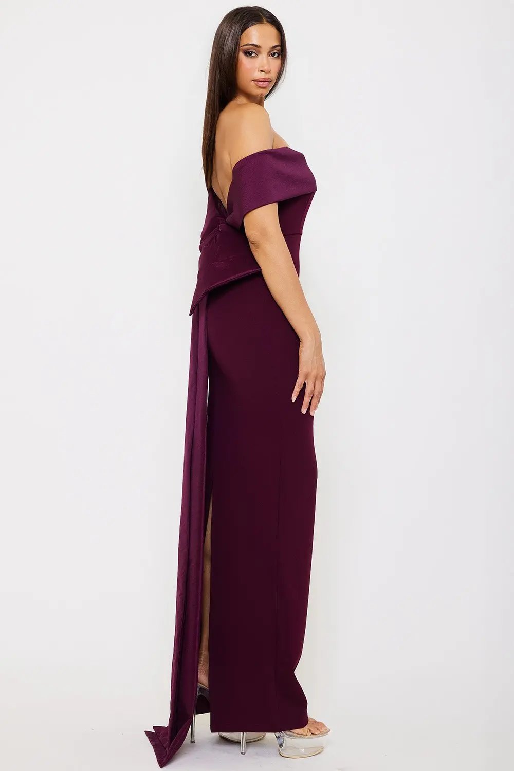 Off Shoulder Maxi Dress – Satin Top With Ribbon Back & Slit BOUTINIE