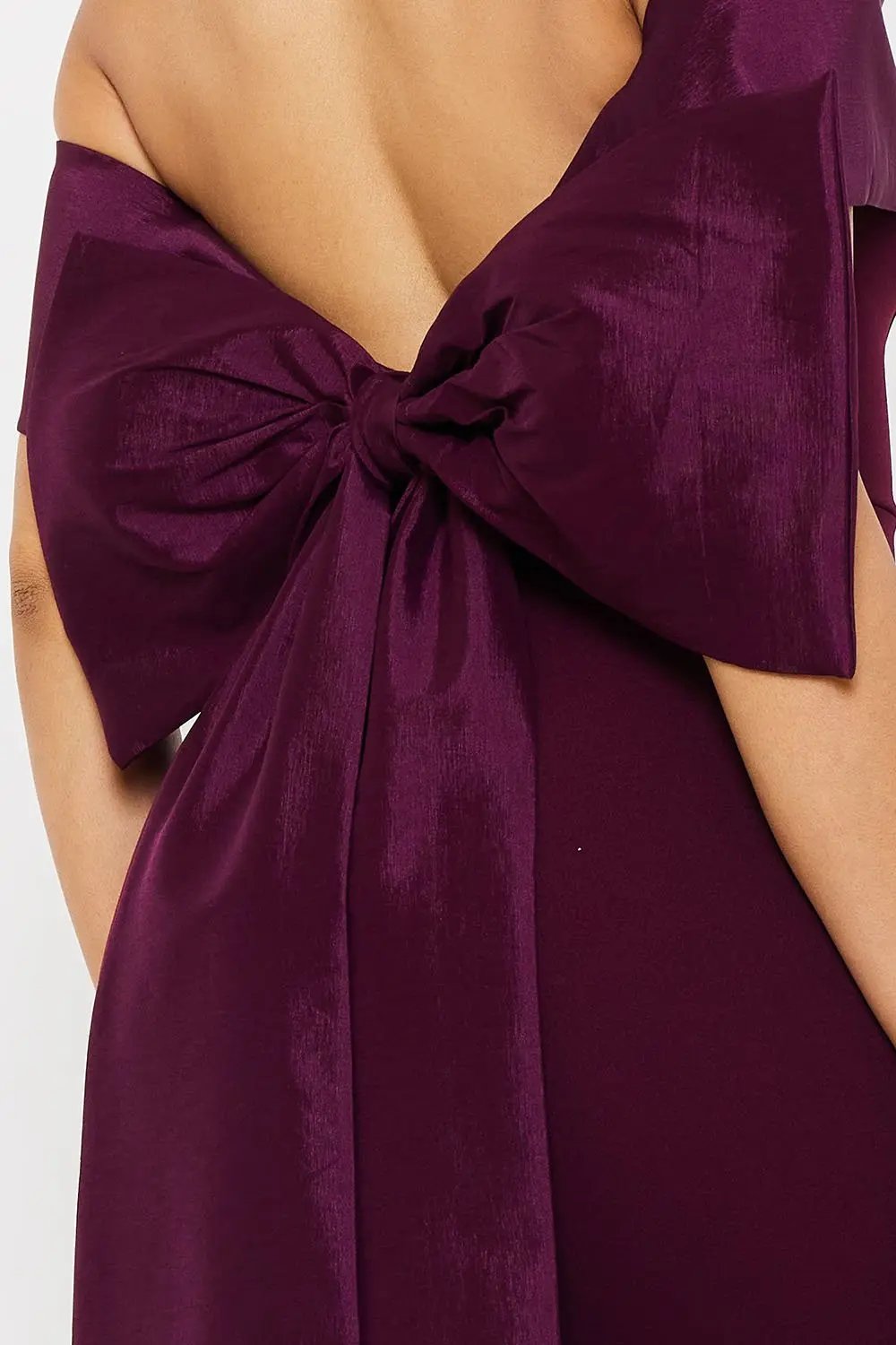 Off Shoulder Maxi Dress – Satin Top With Ribbon Back & Slit BOUTINIE