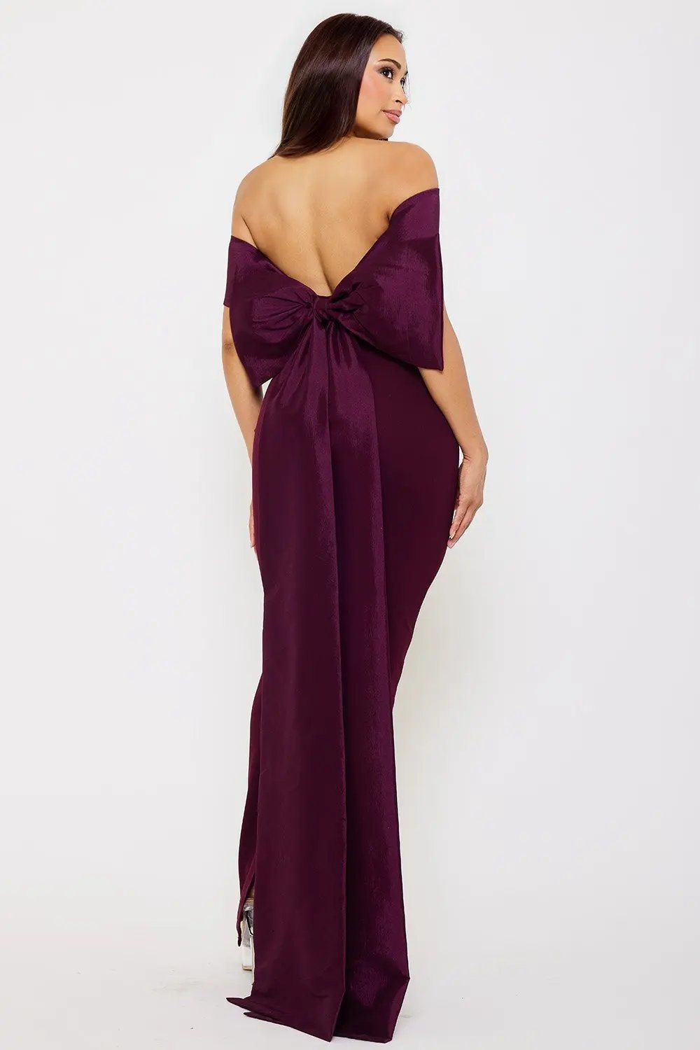 Off Shoulder Maxi Dress – Satin Top With Ribbon Back & Slit Hem BOUTINIE
