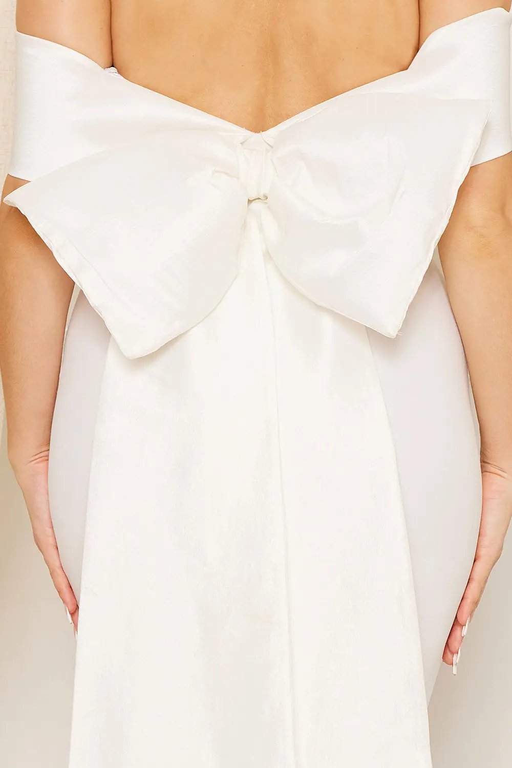 Off Shoulder Maxi Dress – Satin Top With Ribbon Back & Slit Hem BOUTINIE