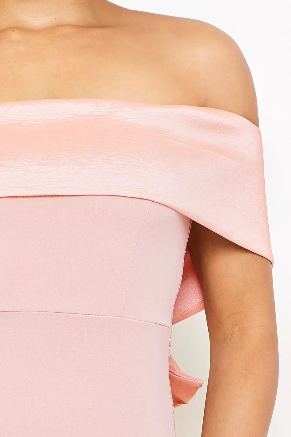 Off Shoulder Maxi Dress – Satin Top With Ribbon Back & Slit Hem BOUTINIE