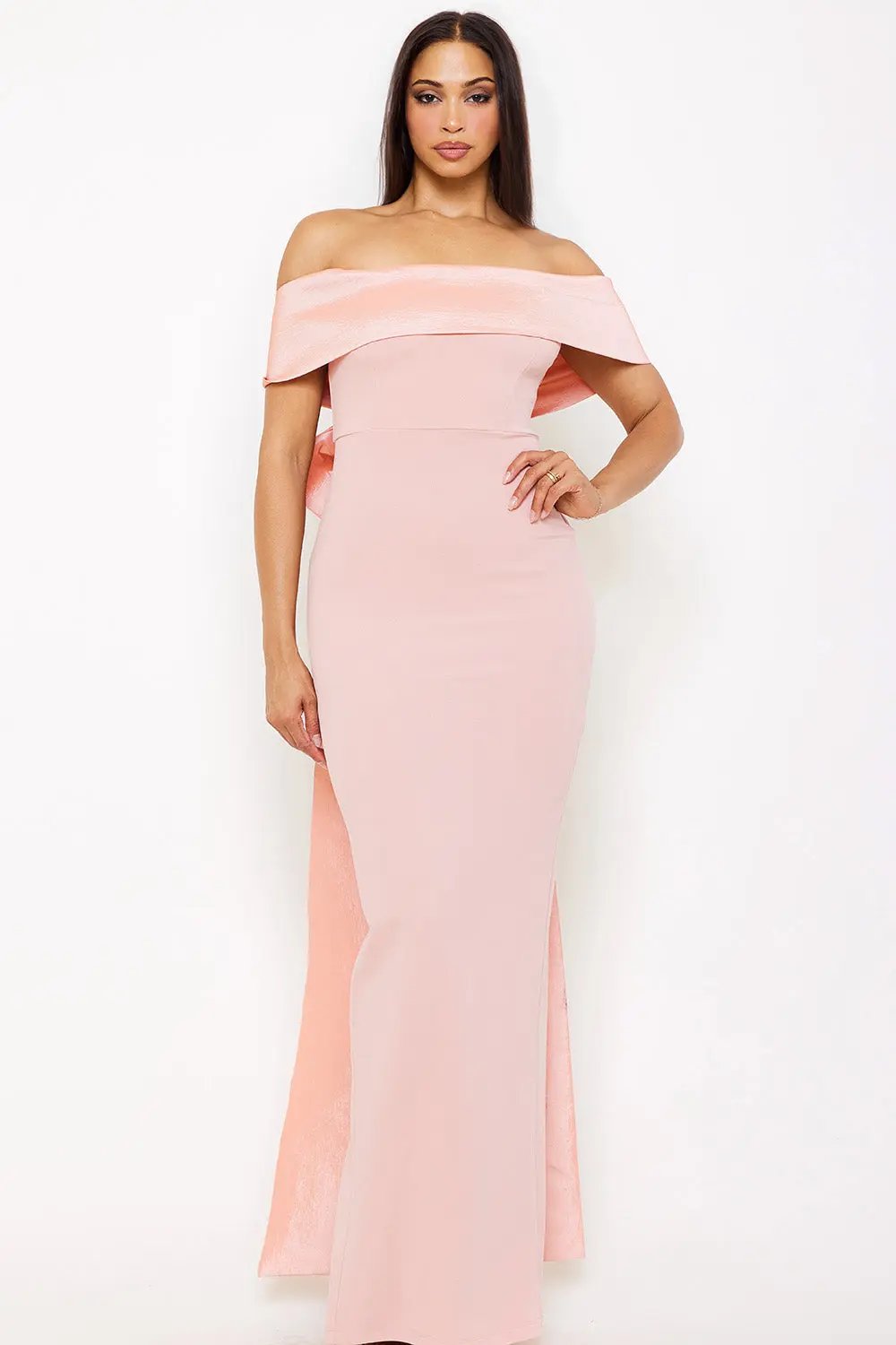 Off Shoulder Maxi Dress – Satin Top With Ribbon Back & Slit Hem BOUTINIE
