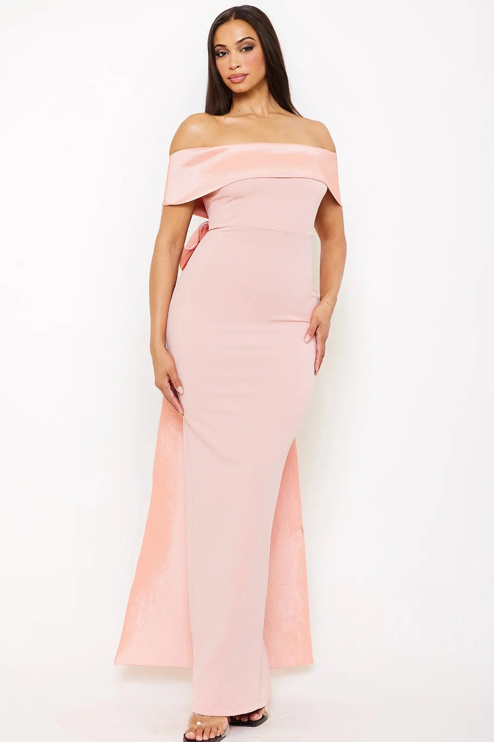 Off Shoulder Maxi Dress – Satin Top With Ribbon Back & Slit Hem BOUTINIE