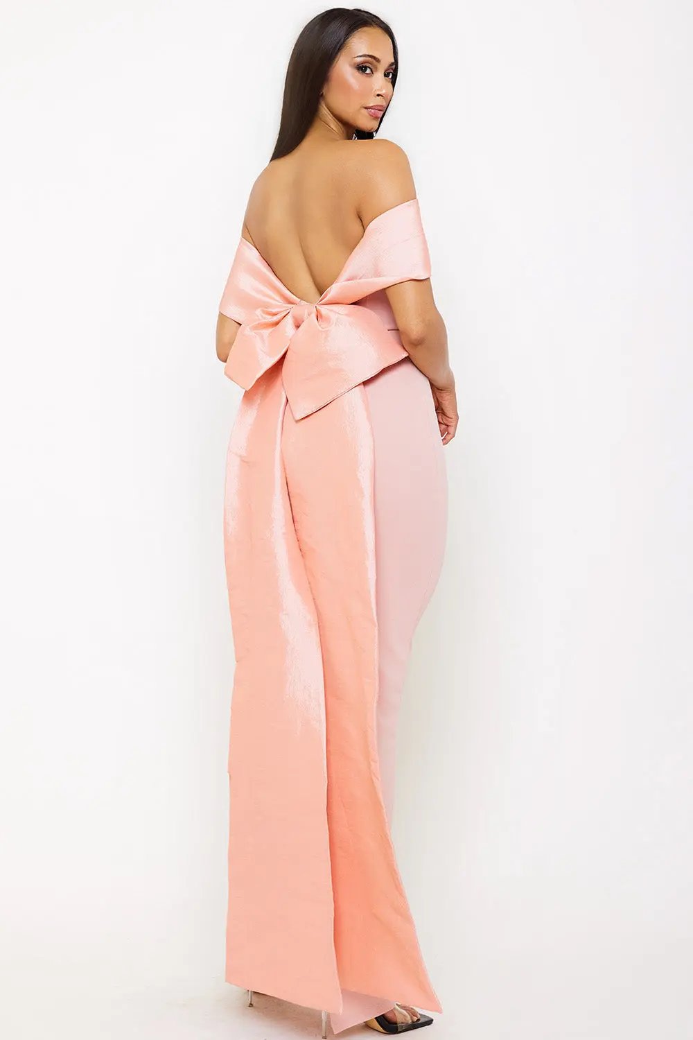 Off Shoulder Maxi Dress – Satin Top With Ribbon Back & Slit Hem BOUTINIE