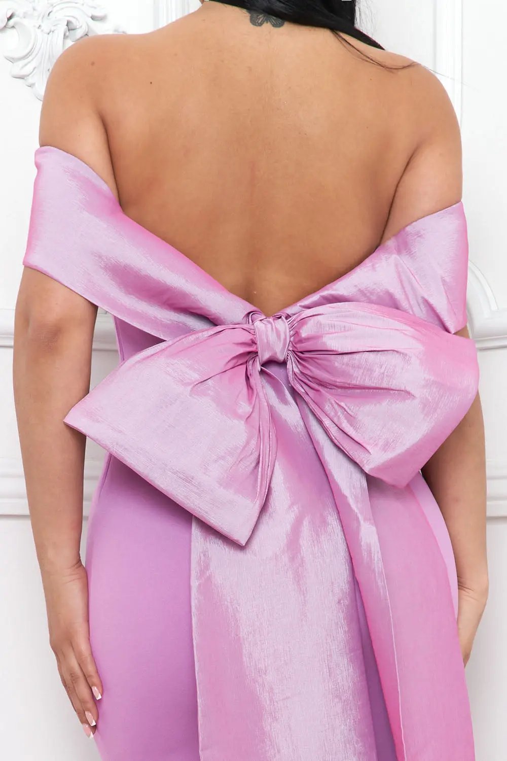 Off Shoulder Maxi Dress – Satin Top With Ribbon Back & Slit Hem BOUTINIE