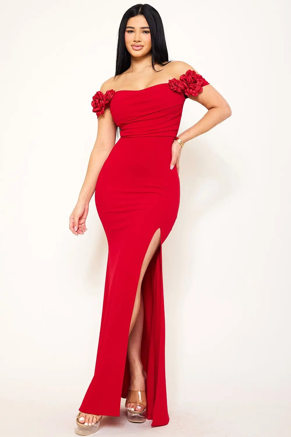 Off Shoulder Maxi Dress - Flower Sleeve Pleated Mermaid Silhouette BOUTINIE