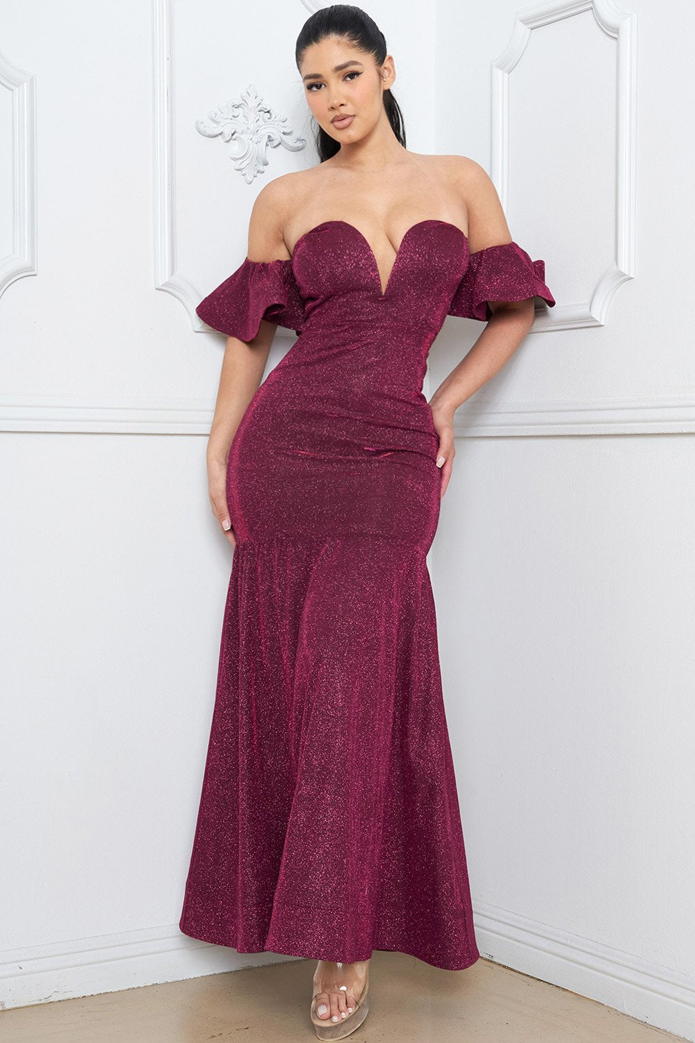 Metallic Off Shoulder Dress – Maxi Ruffle Sleeve Evening Gown BOUTINIE