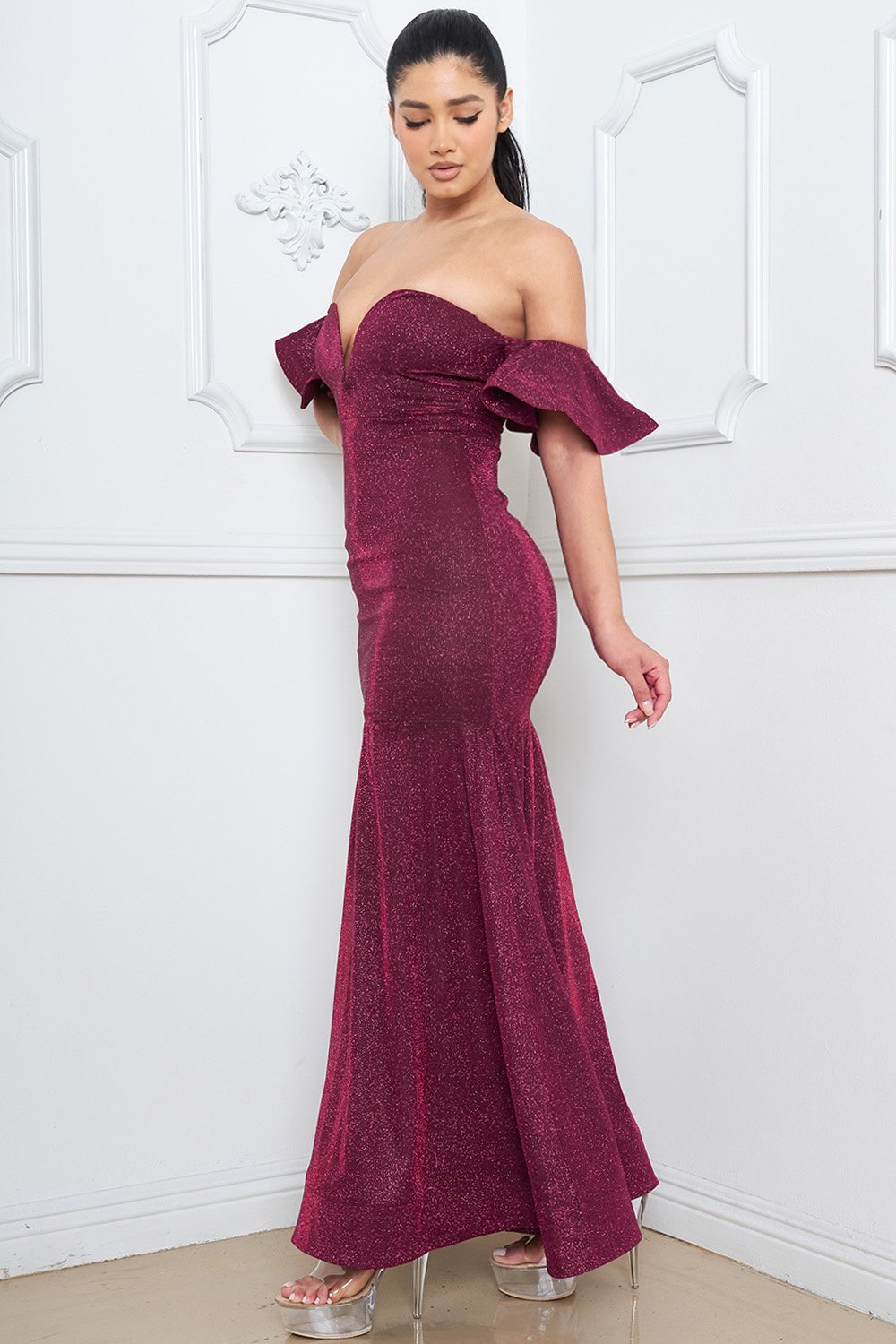 Metallic Off Shoulder Dress – Maxi Ruffle Sleeve Evening Gown BOUTINIE