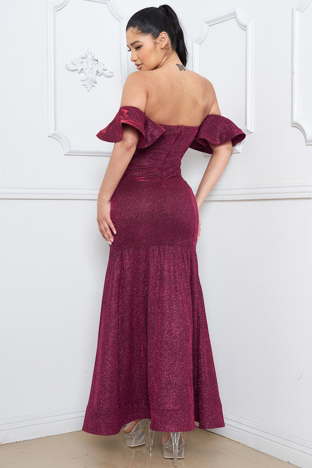 Metallic Off Shoulder Dress – Maxi Ruffle Sleeve Evening Gown BOUTINIE