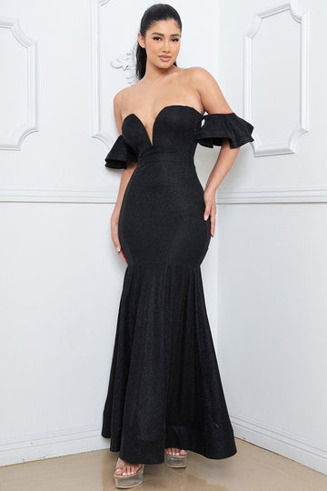 Metallic Off Shoulder Dress – Maxi Ruffle Sleeve Evening Gown BOUTINIE