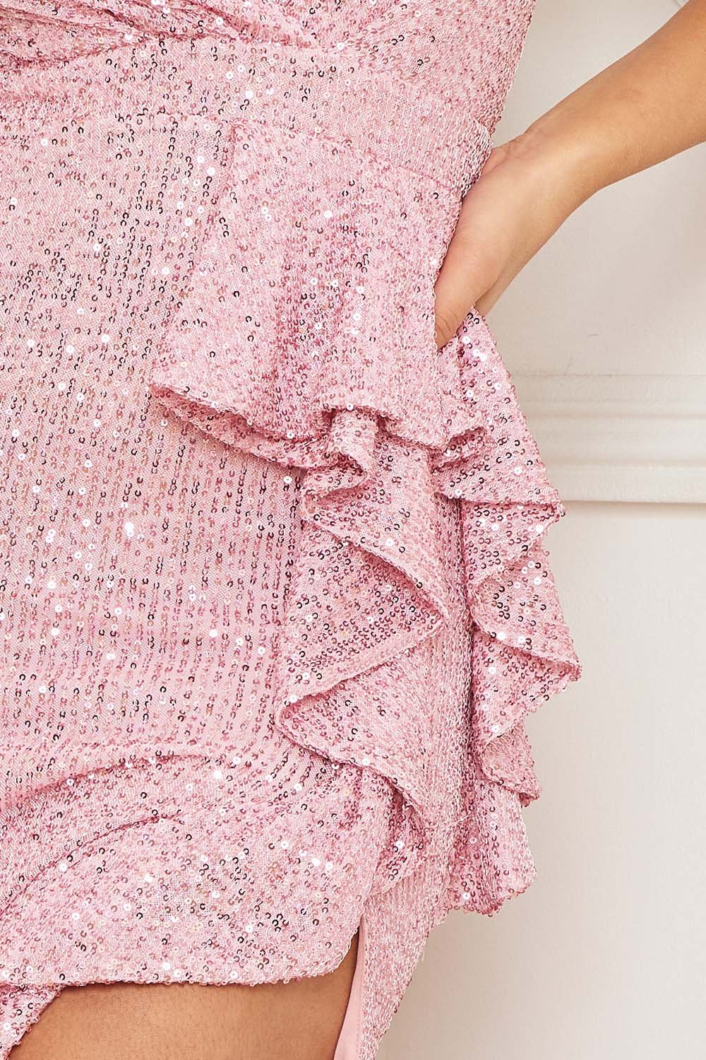 Sequin Ruffle Maxi Dress – Adjustable Strap, Criss-Cross Back Evening Gown BOUTINIE