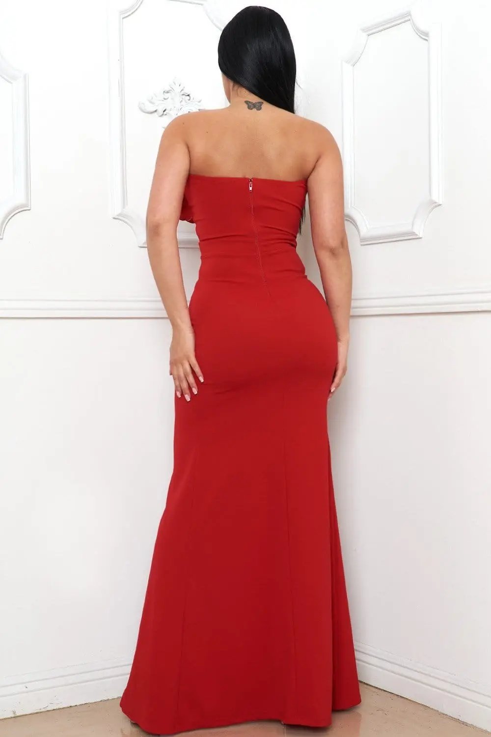 Ruffle Maxi Dress – Sweetheart Neck Tulip Skirt With Zipper Back BOUTINIE